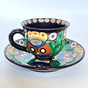 Vintage Owl Cup Saucer Artist Signed Hanni Steffisburg Swiss Thoune Majolica